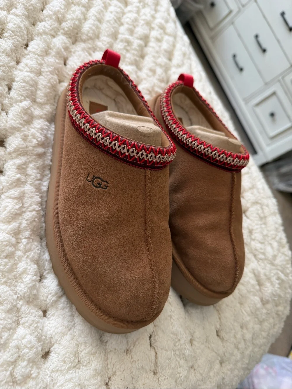 UGG Chestnut Suede Slip-On Clogs with Red Trim